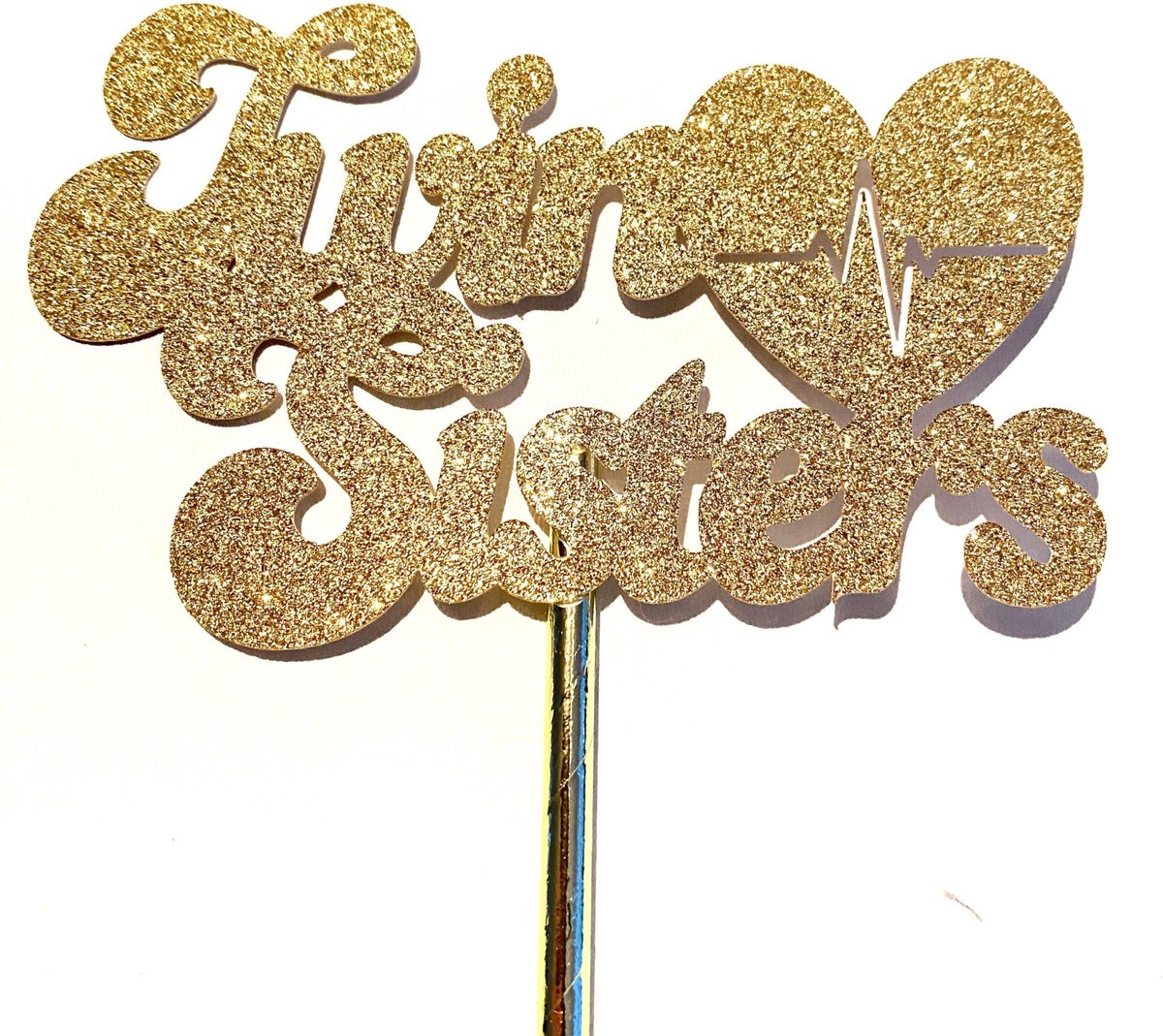 Taarttopper| Cake topper| Baby | Twin Sisters| Goud glitter|14 cm| karton